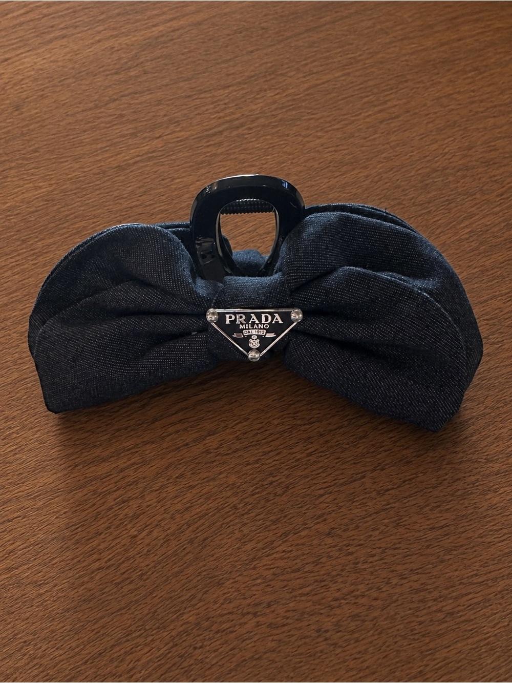 Blue Denim Bow Hair Clip with Prada Logo